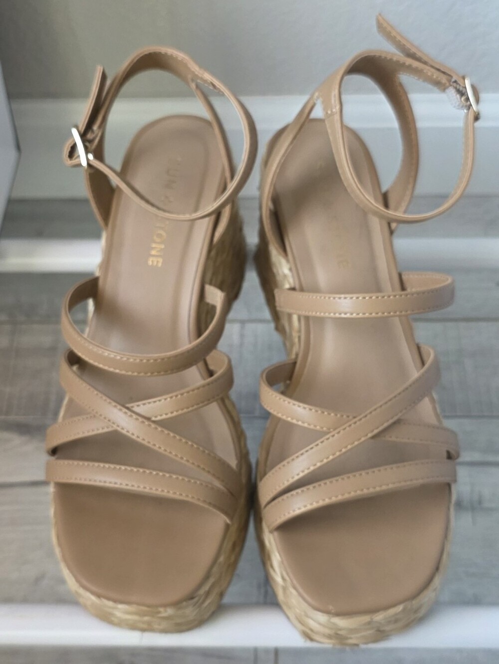 Sun + Stone Tan Strappy Wedge Sandals with Braided Platform - Picture 7 of 7